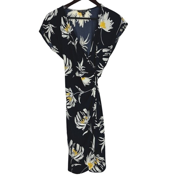 Maggy London Women Sz 8 Navy And Yellow Tropical Floral Cap Sleeve Wrap Dress N4 - Picture 1 of 11